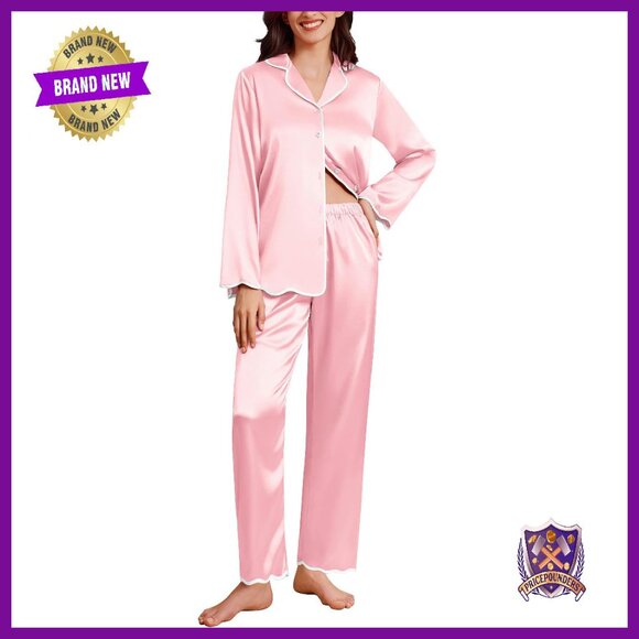 Silk Satin Pajama Set Long Sleeve Button Down Ruffle Trim Sleepwear